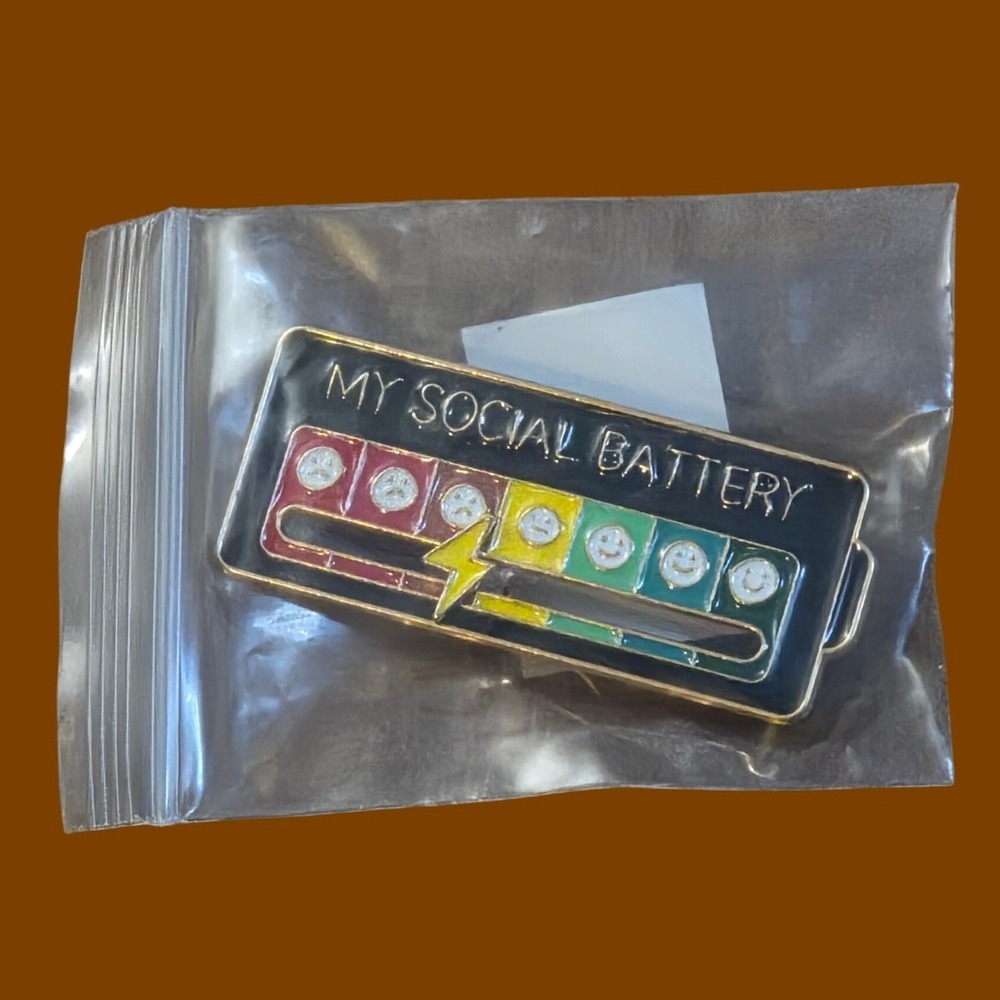 My Social Battery Interactive Sliding Enamel Pin Gold Tone Mood Brooch SSXQXZ026